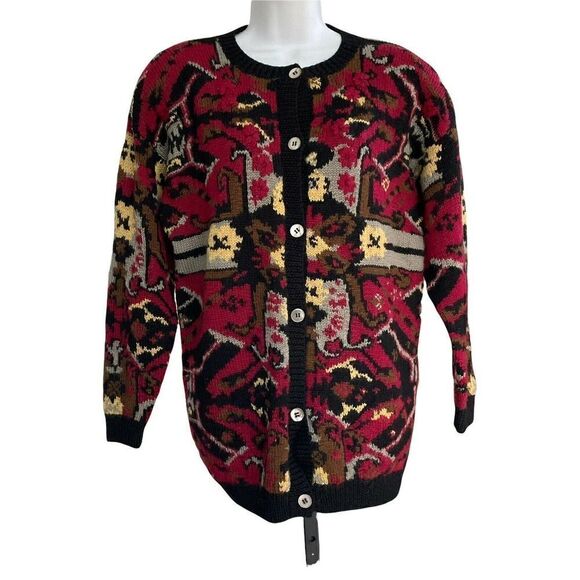 𝅺JAYSON Younger Vintage Cardigan S 100% Wool Sweater Floral Crochet Pockets - Picture 1 of 5